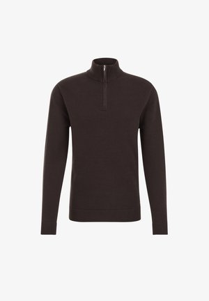 Brązowy sweter dziany z wysokim kołnierzem i zamkiem błyskawicznym na pół, z prążkowanymi mankietami i dołem, o strukturalnym wzorze materiału w całej powierzchni.