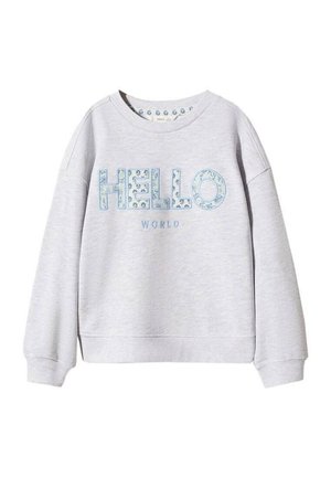 Lysegrå langærmet sweatshirt med ribbede manchetter og kant, med teksten "HELLO" i blomstrede blå bogstaver og mindre "WORLD" tekst nedenunder.