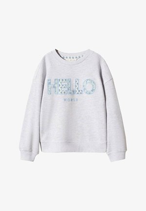 Lysegrå langærmet sweatshirt med ribbede manchetter og kant, med teksten "HELLO" i blomstrede blå bogstaver og mindre "WORLD" tekst nedenunder.