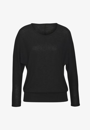 Zwarte lange mouwen gebreide top met een losse pasvorm, ronde halslijn en ribbelrand. Geweven stof met een zachte uitstraling.