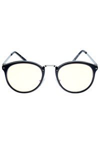 Runda svarta solglasögon med en glansig ram, klara linser och silverdetaljer på bågarna. Har tunna metalledningar för en slank design.