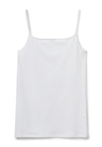 Top bianco senza maniche con spalline sottili, realizzato in un morbido tessuto misto cotone. Orlo dritto e design semplice, senza decorazioni. Texture leggera.