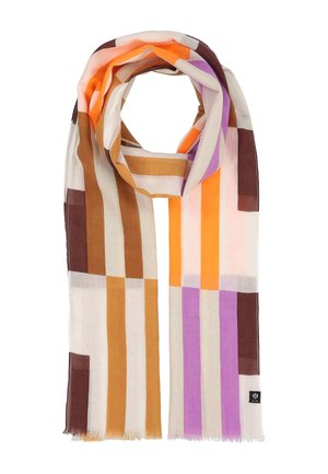 Langer rechteckiger Schal mit vertikalen Streifen in Orange, Braun, Beige und Lavendel, oben gefaltet und geschlungen dargestellt.