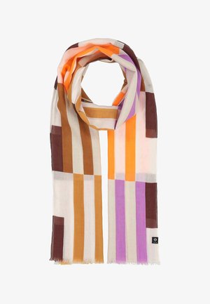 Langer rechteckiger Schal mit vertikalen Streifen in Orange, Braun, Beige und Lavendel, oben gefaltet und geschlungen dargestellt.