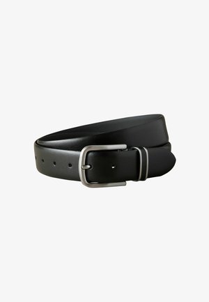 Ceinture en cuir noir dotée d'une boucle en métal argenté, à la texture lisse et avec plusieurs trous pour un ajustement de taille. Design simple avec une finition classique.