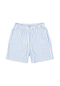 Helleblaue und weiß gestreifte Shorts mit elastischem Bund, ausgestattet mit zwei Seitentaschen und einem lässigen Schnitt. Glatte Stofftextur.