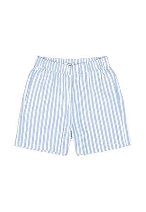 Helleblaue und weiß gestreifte Shorts mit elastischem Bund, ausgestattet mit zwei Seitentaschen und einem lässigen Schnitt. Glatte Stofftextur.