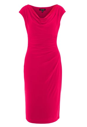 Fitted pink dress with a cowl neckline, cap sleeves, and gathered texture at the waist, made of stretch fabric for comfort.
