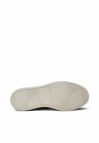 Sohle eines Sneakers, mit einer strukturierten Gummimaterialien, hellbeige Farbe und einem Profilmuster mit horizontalen und diagonalen Linien.
