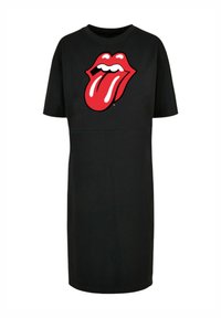 Schwarzes Baumwoll-T-Shirt-Kleid mit einem großen roten und weißen Rolling Stones Zungen-Logo auf der Vorderseite. Kurze Ärmel, Rundhalsausschnitt.