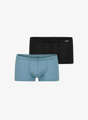 Men's boxer briefs set featuring a light blue pair with a ribbed texture and a black pair. Both have a fitted design and elastic waistband.