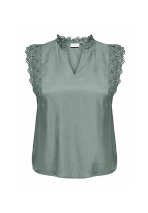 Svetlo zelena brezrokavna bluzica z dekoltejem v obliki V, z valovitimi čipkastimi detajli na rokavih ter gladkim, nekoliko teksturiranim materialom. Zaobljen rob.