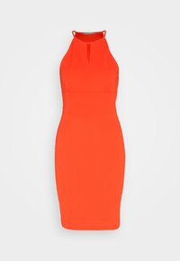 Robe moulante sans manches orange vif avec encolure plongeante et petit détail d'ouverture frontale.