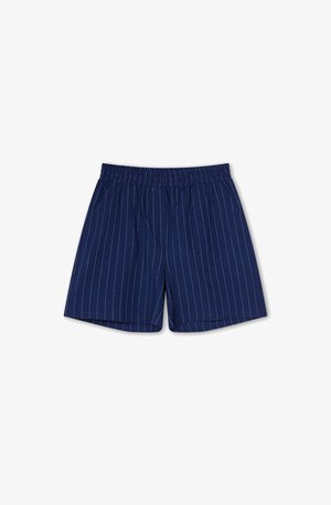 Navy blue shorts with white vertical stripes, elastic waistband, and side pockets. Soft fabric with a casual, loose fit.