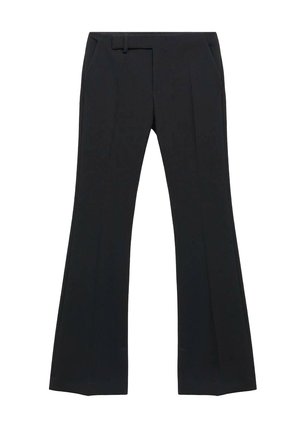 Zwarte, op maat gemaakte broek met een volle pijp, voorzien van een vlakke voorkant met zakken en een riemlus, gemaakt van een gladde stof met een nette afwerking.