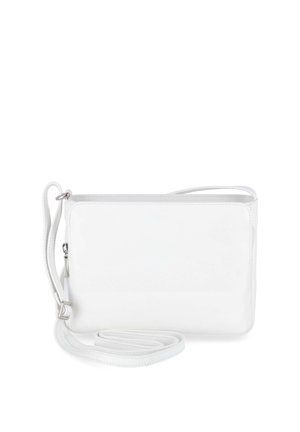 Weiße rechteckige Umhängetasche mit verstellbarem Riemen und Reißverschluss, dargestellt auf weißem Hintergrund.