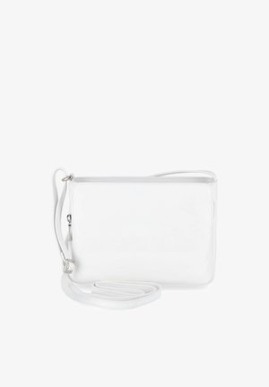 Witte rechthoekige crossbody tas met verstelbare riem en ritssluiting, weergegeven op een effen witte achtergrond.