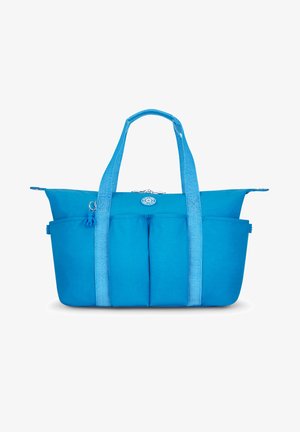 Blauwe draagtas gemaakt van duurzaam materiaal, met een ritsluiting, twee voorzakken en gevoerde handvatten voor comfort.