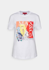 Weißes Baumwoll-T-Shirt mit einem bunten Grafikdruck, der den Text "MAX & Co." und eine illustrierte Frau mit Blumen auf der Vorderseite zeigt.
