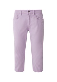 Light purple capri pants made from a soft fabric, featuring front pockets, a button closure, and a straight leg design.