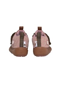 Pink textile shoes with brown accents, featuring a textured upper, elastic strap, and playful animal motifs on the back.