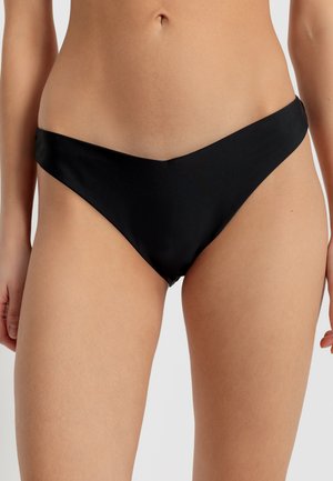 Black bikini bottoms with a smooth, sleek texture, featuring a high-cut design and minimal coverage, ideal for swimwear.