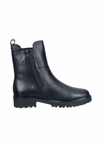 Botín negro de cuero a la altura del tobillo con cremallera lateral, puntera redondeada y suela texturizada. Cuenta con una lengüeta en la parte trasera para facilitar su uso.