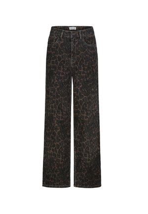 Hochtaillierte weit geschnittene Hose mit dunkelbraunem und schwarzem Leopardenmuster, vorderer Knopf, Reißverschluss und Gürtelschlaufen.