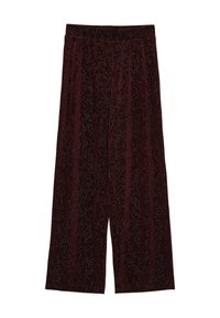 Pantalon large bordeaux en tissu doux, présentant une légère texture et des motifs de petits points blancs sur l'ensemble. Taille élastique pour plus de confort.