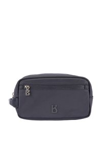 Mørkegrå nylon taske med en glat tekstur, med en lynlåslomme foran og et præget bogstav B på siden. Kompakt rektangulær form.