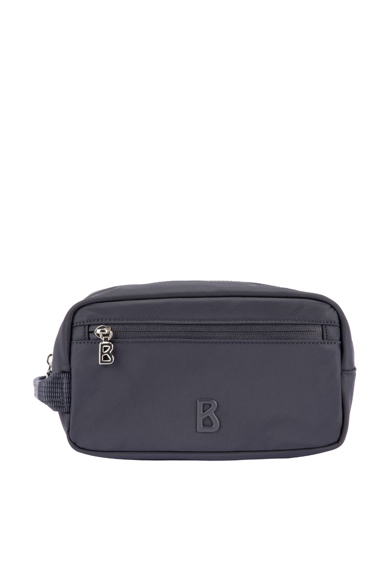 Mørkegrå nylon taske med en glat tekstur, med en lynlåslomme foran og et præget bogstav B på siden. Kompakt rektangulær form.