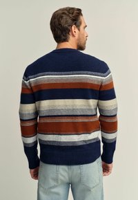 Navy striped sweater featuring horizontal stripes in orange, gray, beige, and white. Ribbed hem and crew neckline. Soft knit texture.
