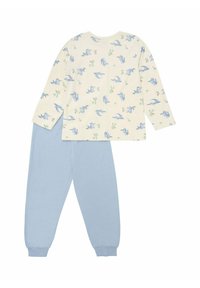 Baumwoll-Pyjama-Set mit langärmligem Oberteil, das ein blaues Dinosaurier-Motiv auf einem cremefarbenen Hintergrund zeigt, kombiniert mit hellblauen Fleecehosen.