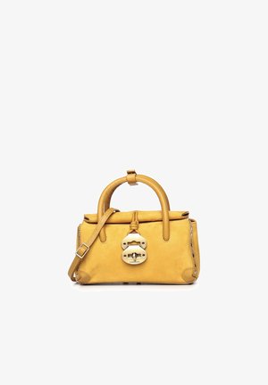 Gele leren handtas met afgeronde handvatten, verstelbare schouderriem en zilverkleurige sluiting aan de voorkant met merknaam ZANELLATO.