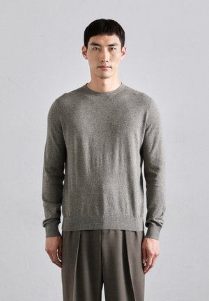 Pull gris à manches longues avec un col rond, fabriqué dans un tissu doux et texturé. Présente des poignets et un ourlet côtelés, porté sur un pantalon beige.