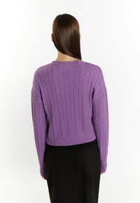 Maglioncino viola lavorato a maglia con motivo a trecce, orlo a costine e maniche larghe. Tessuto testurizzato con scollatura rotonda e vestibilità corta.