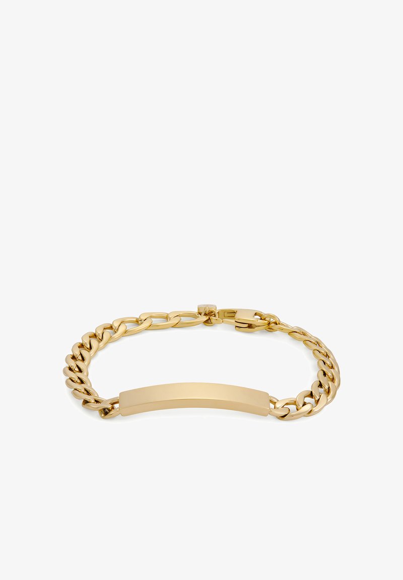 Bracelet en or avec un design de chaîne épaisse et un élément central lisse et plat. Le métal a une finition brillante et une fermeture à boucle sécurisée.