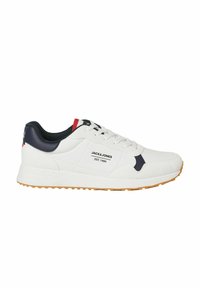 Baskets basses blanches et noires à semelle gomme avec logo Jack & Jones sur le côté, lacets blancs et col noir rembourré.