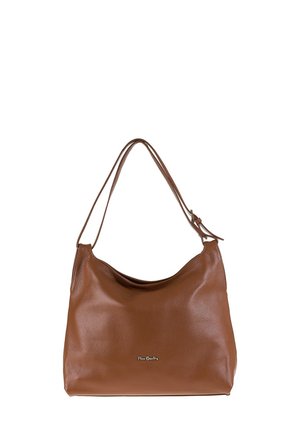Borsa hobo in pelle marrone con finitura testurizzata, forma curva e due manici. Presenta un piccolo logo sul davanti.
