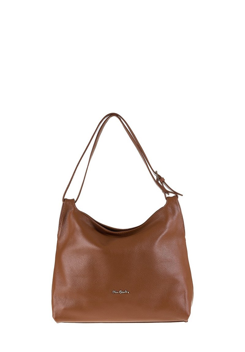 Bruine leren hobo tas met een gestructureerde afwerking, gebogen vorm en twee schouderbanden. Beschikt over een klein logo aan de voorkant.