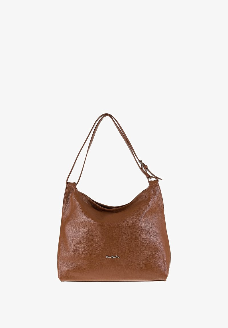 Bruine leren hobo tas met een gestructureerde afwerking, gebogen vorm en twee schouderbanden. Beschikt over een klein logo aan de voorkant.