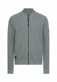 Hellgrauer Pullover mit Reißverschluss und strukturierter Strickoptik, gerippten Bündchen und Kragen. Verfügt über einen kontrastierenden schwarzen Reißverschluss und eine Etiketten-Details.