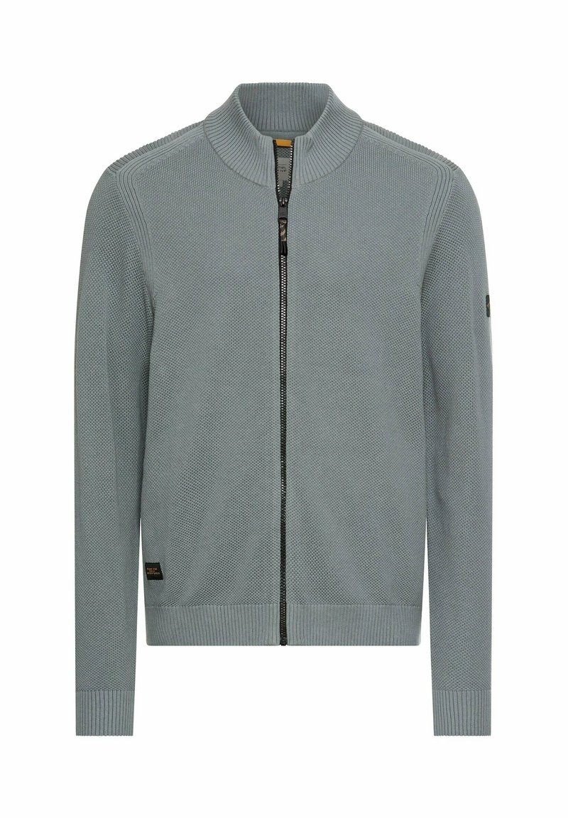 Hellgrauer Pullover mit Reißverschluss und strukturierter Strickoptik, gerippten Bündchen und Kragen. Verfügt über einen kontrastierenden schwarzen Reißverschluss und eine Etiketten-Details.