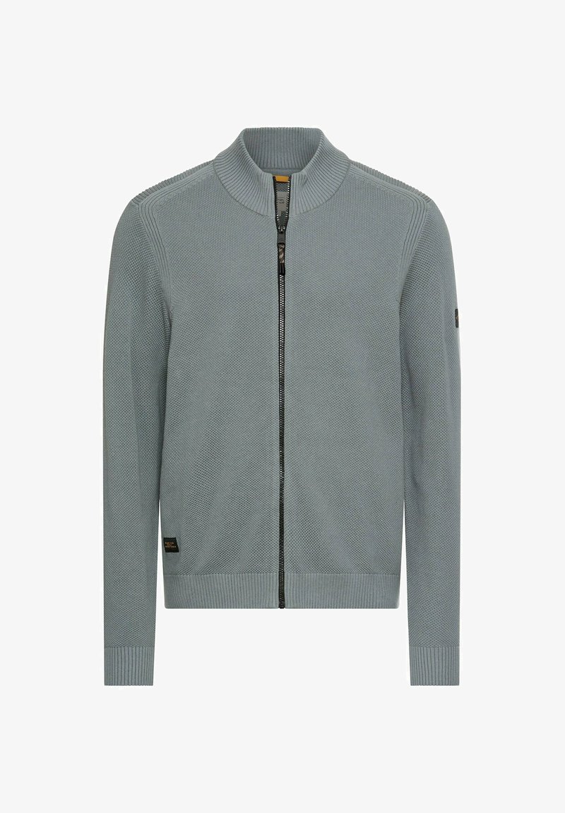 Hellgrauer Pullover mit Reißverschluss und strukturierter Strickoptik, gerippten Bündchen und Kragen. Verfügt über einen kontrastierenden schwarzen Reißverschluss und eine Etiketten-Details.