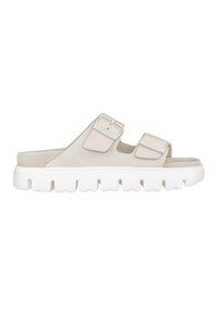 Sandali beige chiaro con due fibbie regolabili, suola in schiuma con una spessa piattaforma bianca, caratterizzati da una superficie testurizzata e un logo sul lato.