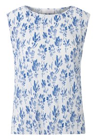 Ärmelloses Top mit einem blauen Blumenmuster auf weißem Hintergrund. Hergestellt aus einem strukturierten Stoff mit subtilen Falten.