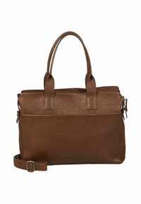 Borsa tote in pelle marrone con texture, doppio manico e tracolla rimovibile, forma rettangolare e chiusura superiore con zip.