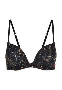 Zwarte en beige bh met een slangpatroon, een diep uitgesneden halslijn, dunne verstelbare bandjes en rode accenten. Glad van textuur.