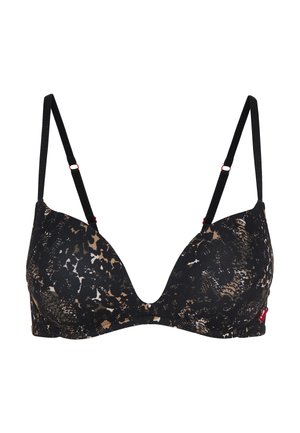 Soutien-gorge noir et beige avec un motif serpent, décolleté plongeant, fines bretelles ajustables et détails rouges accen tués. Texture lisse.