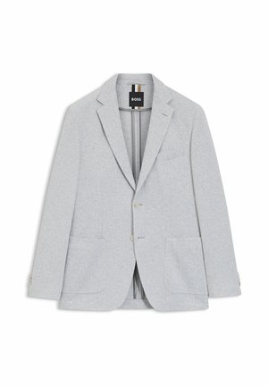Blazer grigio chiaro con motivo a spina di pesce, due tasche frontali, chiusura con un solo bottone e una etichetta nera con logo.